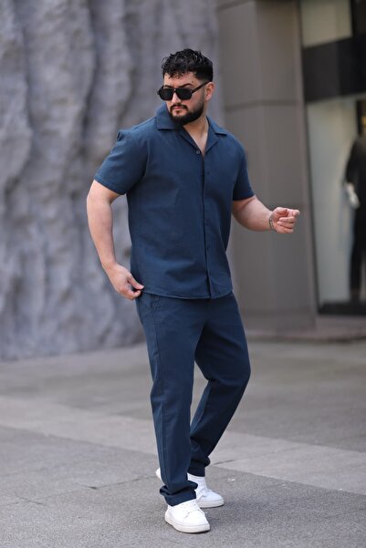 L-KOM Men's Short Sleeve Linen Shirt Pants Set Summer Casual Bottom Top Set