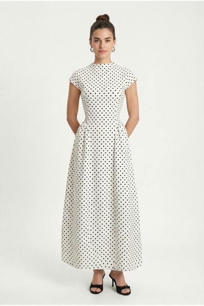 Ritnice Women's Victorian Back Lace-Up Polka Dot Long White Woven Dress
