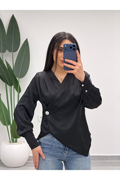 MARGA Double-Breasted Collar Button Detailed Satin Blouse