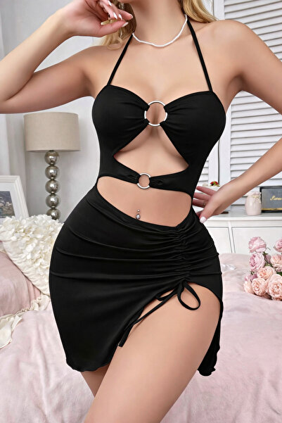 SİA LESS Κομψό Ρομαντικό Στυλάτο Μαύρο Μίνι Φόρεμα με Κορδόνια Μπροστά και Χα...