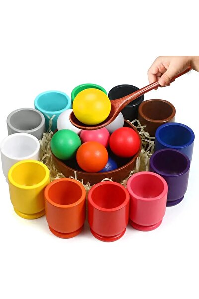 sallma Set educativ montessori din lemn cu bile si cupe colorate pentru sorta...