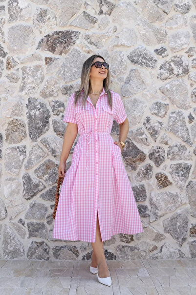 bytugcekaya Ροζ κοντομάνικο φόρεμα πουά με ζώνη