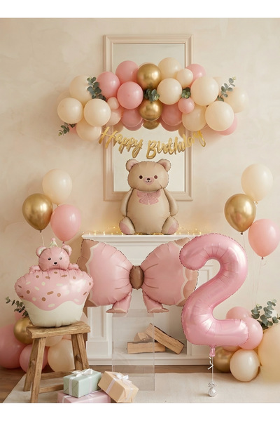 Öztürkpartievi Pastel Pembe Ayıcık 2 Yaş Doğum Günü Balon Seti – Gold Detaylı...