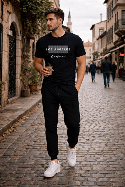 Trend Sizde Unisex Black Los Angeles Printed Tracksuit Set Relaxed Fit Daily ...