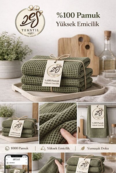 CES HOME Haki Yeşili Waffle kumaş 3'lü %100 Pamuk Mutfak Havlu Seti(50x90)