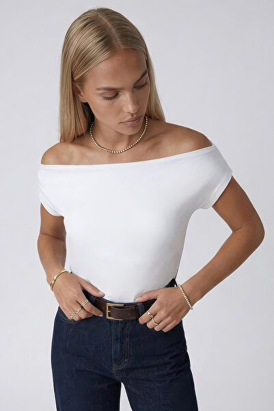Trend Alaçatı Stili Λευκή μπλούζα με φαρδύ γιακά και άμμοστη υφή ALC-X15461