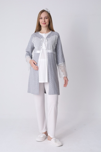 ERDENİZ TEKSTİL 3-Piece Maternity Pajama Set with Lace and Polka Dot Robe - B...