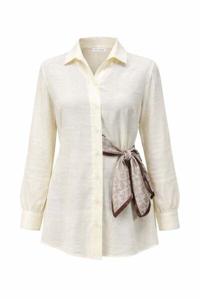 Mixray 4859 قميص نسائي مربوط من الجانب مع وشاح طبيعي مفصل