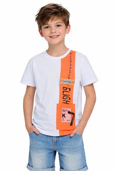 İrem Çocuk Giyim Boy's Flight Written Orange Color T-Shirt with Text Pattern ...
