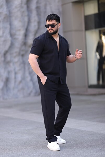 L-KOM Men's Short Sleeve Linen Shirt Pants Set Summer Casual Bottom Top Set