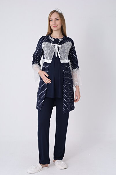 ERDENİZ TEKSTİL 3-Piece Maternity Pajama Set with Lace and Polka Dot Robe - B...