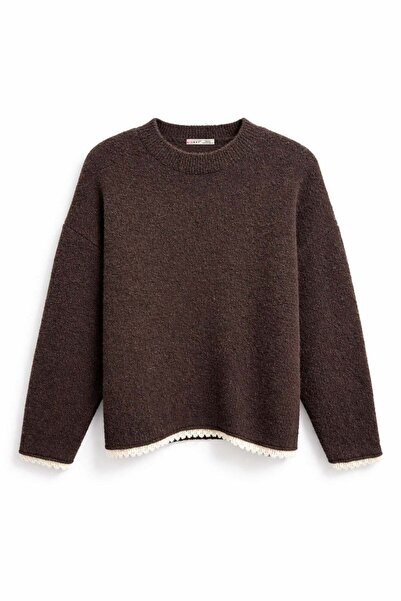 Mixray 7022 Women's Lace Detailed Crew Neck Premium Knitwear Sweater Brown