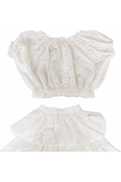 Lika Girl's White Cotton Perforated Scallop Strapless Crop Top Skirt Set Ecru...