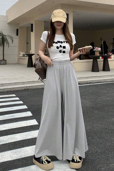 Tarz Cool Kadın 2 İplik Oversize Bol Paça Tasarım Eşofman Altı Yüksek Bel Rahat Model