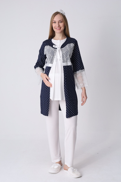 ERDENİZ TEKSTİL 3-Piece Maternity Pajama Set with Lace and Polka Dot Robe - B...