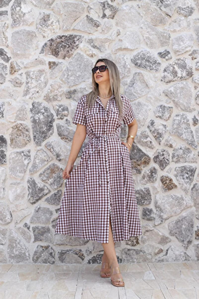 bytugcekaya Καφέ κοντομάνικο φόρεμα πολύχρωμο με ζώνη