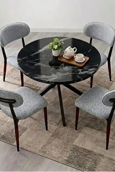 Imperial Star Yuvarlak Yemek Masası Takımı 4 Kişilik – Mermer Desenli Masa + ...