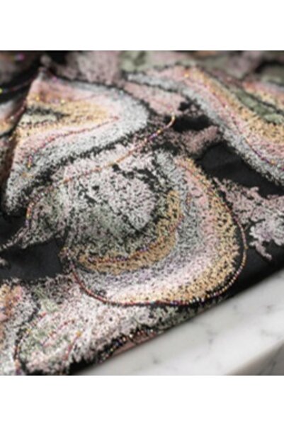 METERİAL قماش أسود بنقوش دوامية وردية وفضية وذهبية - قطعة 3.25 متر