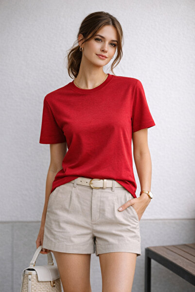 Polo State Γυναικείο μπλουζάκι Basic Crew Neck από βαμβάκι και λύκρα – Κόκκινο