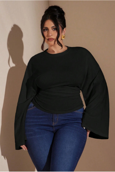 BLUE STREET Plus Size Long Sleeve Casual Solid Color Gathered Waist Wide Slee...
