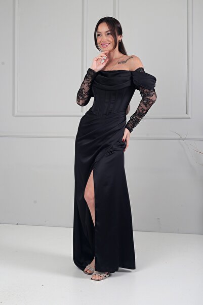 By Saygı Γυναικείο μακρύ σατέν φόρεμα με δαντέλα και δαντελωτή επένδυση στα μ...