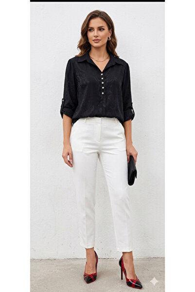 MODA Μαύρη μπλούζα πουκάμισο με 5 κουμπιά μπροστά, αναδιπλούμενο μανίκι, με μ...