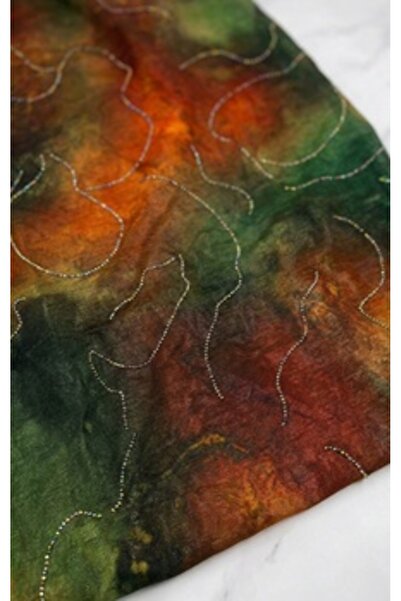 METERİAL Orange Rust and Dusty Green Abstract Pattern Chiffon Fabric with Bea...