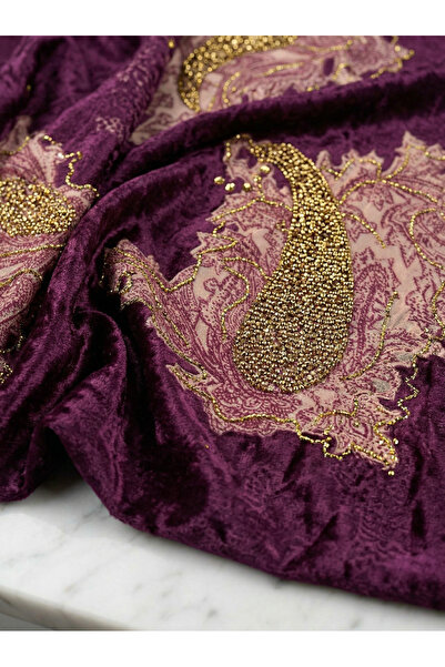 METERİAL Dark Purple Velvet Fabric with Pink Paisley Embroidery and Gold Jewe...