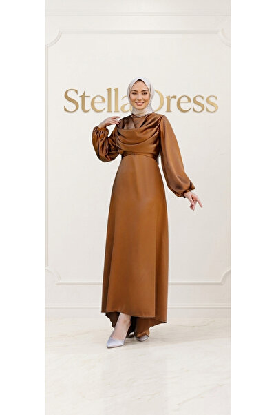 Butik Saten Degaje Yaka Açık Kahve Abiye