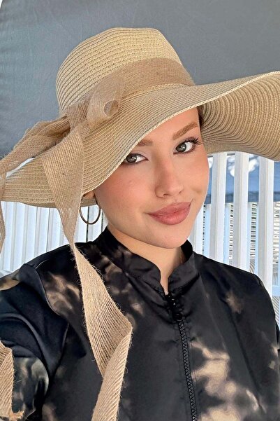 Hazamoda Ψάθινο καπέλο με φιόγκο μπεζ