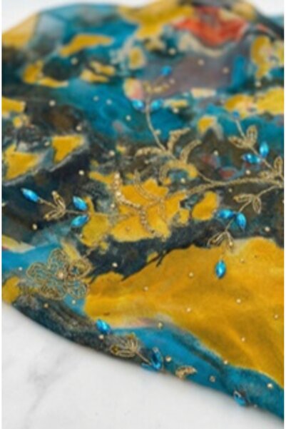 METERİAL Turquoise and Gold Moss Chiffon Fabric with Embroidery and Blue Jewe...