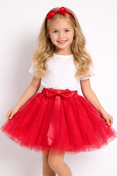 Trendmirend Κοριτσίστικη Φούστα Τούτου με Φιόγκο, Σετ Τούλι τεμαχίων, Κόκκινη