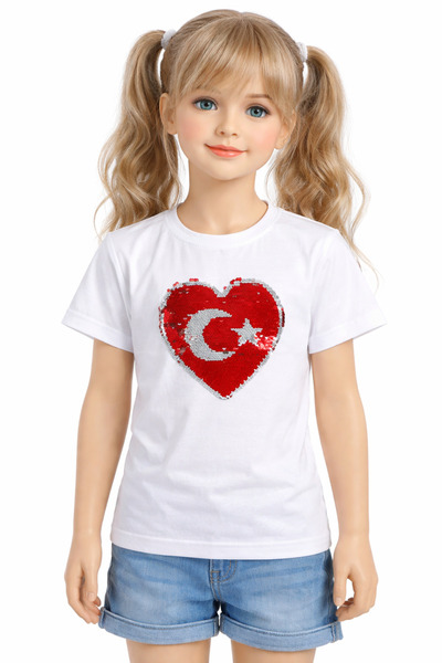 Asortix boutique KIZ ÇOCUK PUL İŞLEMELİ AY YILDIZ-BAYRAK TEMALI 23 NİSAN TİŞÖRT
