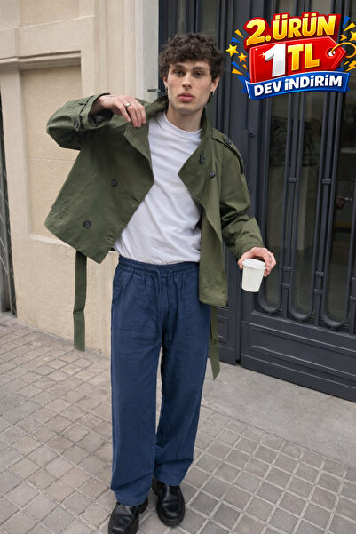 DAMGA JEANS Men's Trend Low Waist Loose Navy Blue Linen Trousers