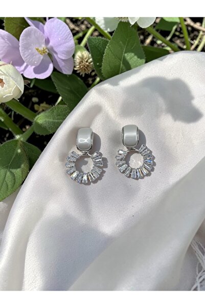 ahsenaksesuar2025 Baguette Stone Circle Hoop Dangle Silver Color Steel Earrin...