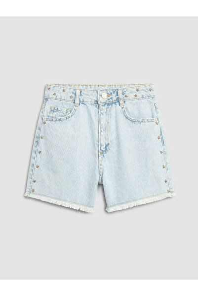 LC Waikiki Lcw Kidsblue Star Appliqued Girls' Jean Shorts