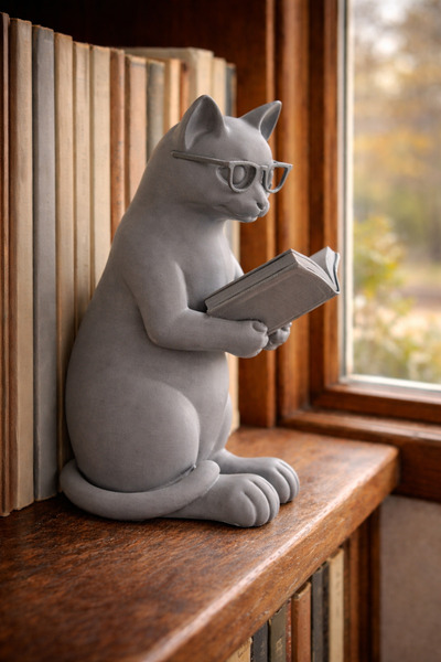 The Plasti Kitap Okuyan Kedi Figürü Kitaplık Süsü Tatlı Masa Süsü - Gri