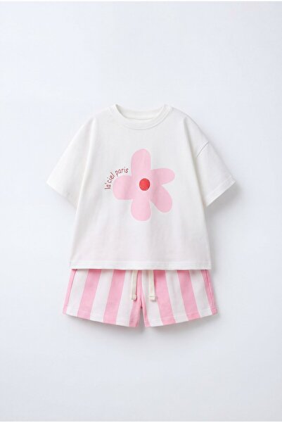 Magu Girl's Cotton White Floral Printed T-Shirt and Shorts Set - Pink Stripes