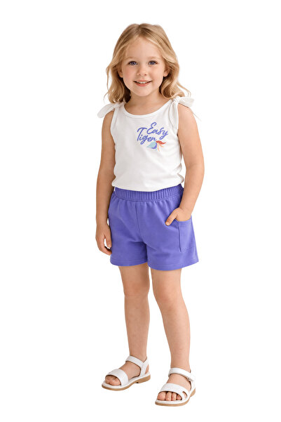 onymino Girl's Printed Ecru Blouse with Shoulder Straps and Purple Shorts Top...