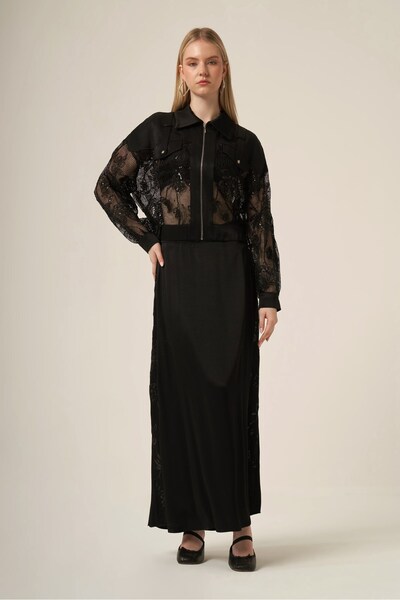 FTZ WOMEN Women's Mesh Detail Skirt Suit Black 31341