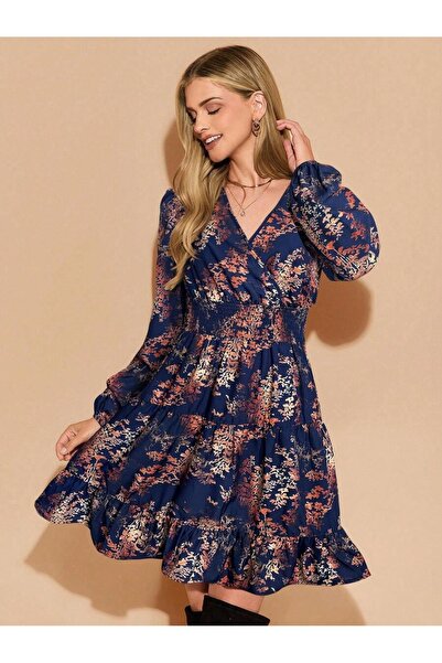 Iuliashop Rochie scurtă Lianna bleumarin cu imprimeu portocaliu - S
