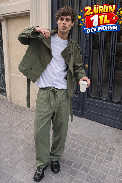 DAMGA JEANS Men's Trend Low Waist Loose Green Linen Trousers