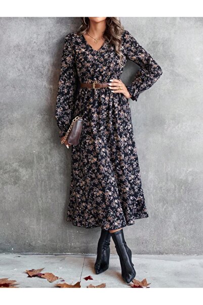 Iuliashop Rochie Midi Aurela Neagra cu Print Floral - L
