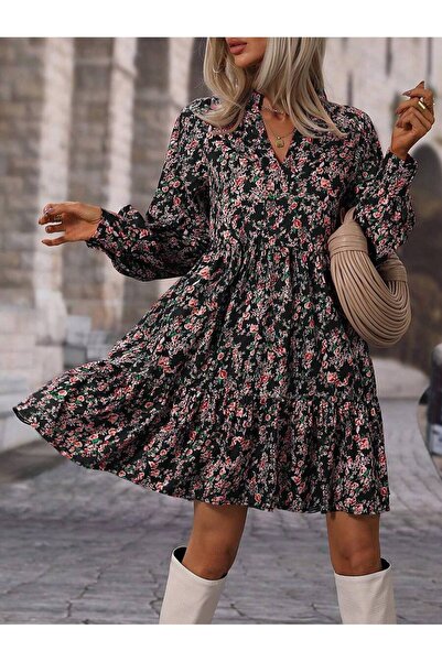Iuliashop Rochie scurtă neagră Lindsay cu imprimeu floral roșu - S