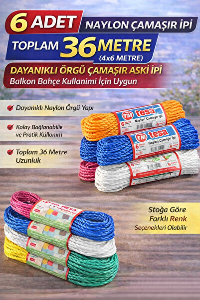 Vexor 6 Adet Naylon Çamaşır İpi 6 Metre Dayanıklı Örgü Çamaşır Askı İpi Topla...