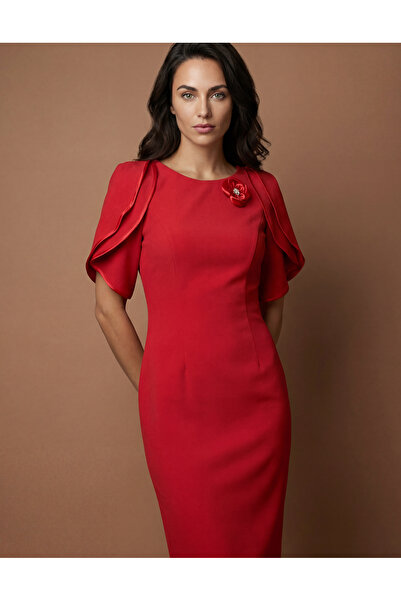 Vessmary Elegant midi dress with ruffled sleeves and floral details