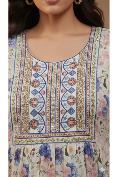 Maison Emarat All over Floral Printed Jalabiya with Embroidery on yoke