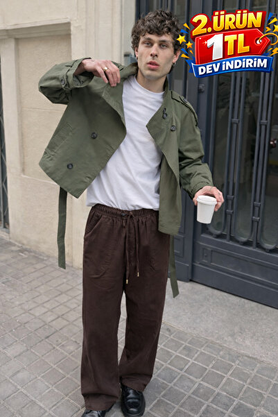 DAMGA JEANS Men's Trend Low Waist Loose Brown Linen Trousers