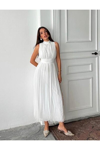 Dilek Vardar White Women's Chiffon High Neck Pleated Dress