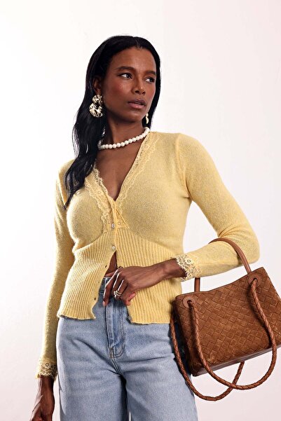 5in1Canpolat Yellow Lace V-Neck Cardigan 261013